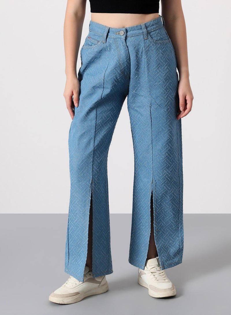 Campus Sutra Women's Geometric-Distressed Denim Jeans | High-Rise , Full-Length, Button Closure | Light-Wash Twill | Woven Denim Jeans For Casual & Daily Wear | Sky Blue - Image 2