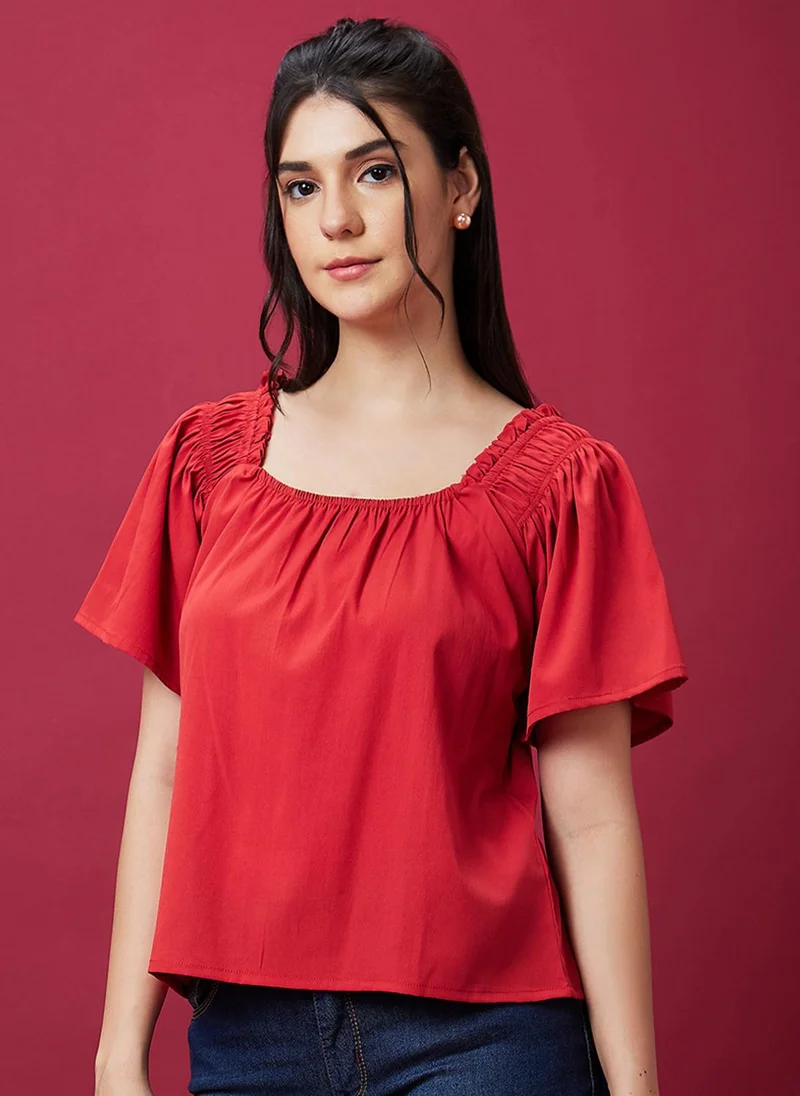 globus Globus Women Rust Square Neck Flared Sleeve Gathered Or Pleated Top