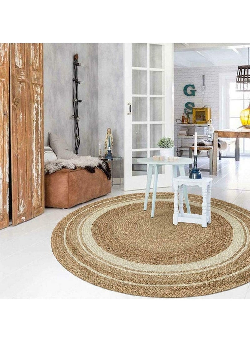 LINGWEI Jute Rug Carpet Round Areai Rug with White Line 120x120cm  - Image 3