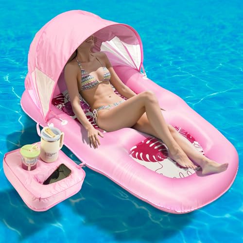 POOLACC Fabric Covered Inflatable Pool Lounger Float Adult 70x39 Extra Large Pool Float w UPF50 Sunshade Canopy Cupholder Caddy Water Floaties Raft Recliner Chair for Pool Party Lake BeachPink - Image 1