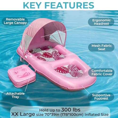 POOLACC Fabric Covered Inflatable Pool Lounger Float Adult 70x39 Extra Large Pool Float w UPF50 Sunshade Canopy Cupholder Caddy Water Floaties Raft Recliner Chair for Pool Party Lake BeachPink - Image 5