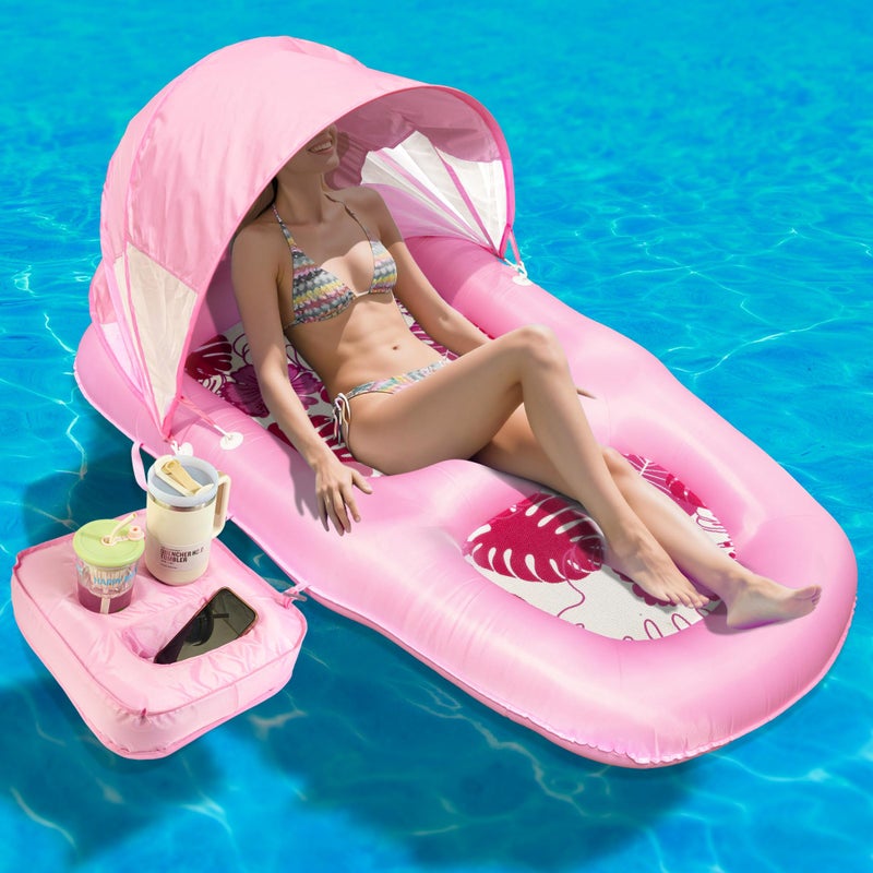 POOLACC Fabric Covered Inflatable Pool Lounger Float Adult 70x39 Extra Large Pool Float w UPF50 Sunshade Canopy Cupholder Caddy Water Floaties Raft Recliner Chair for Pool Party Lake BeachPink - Image 2