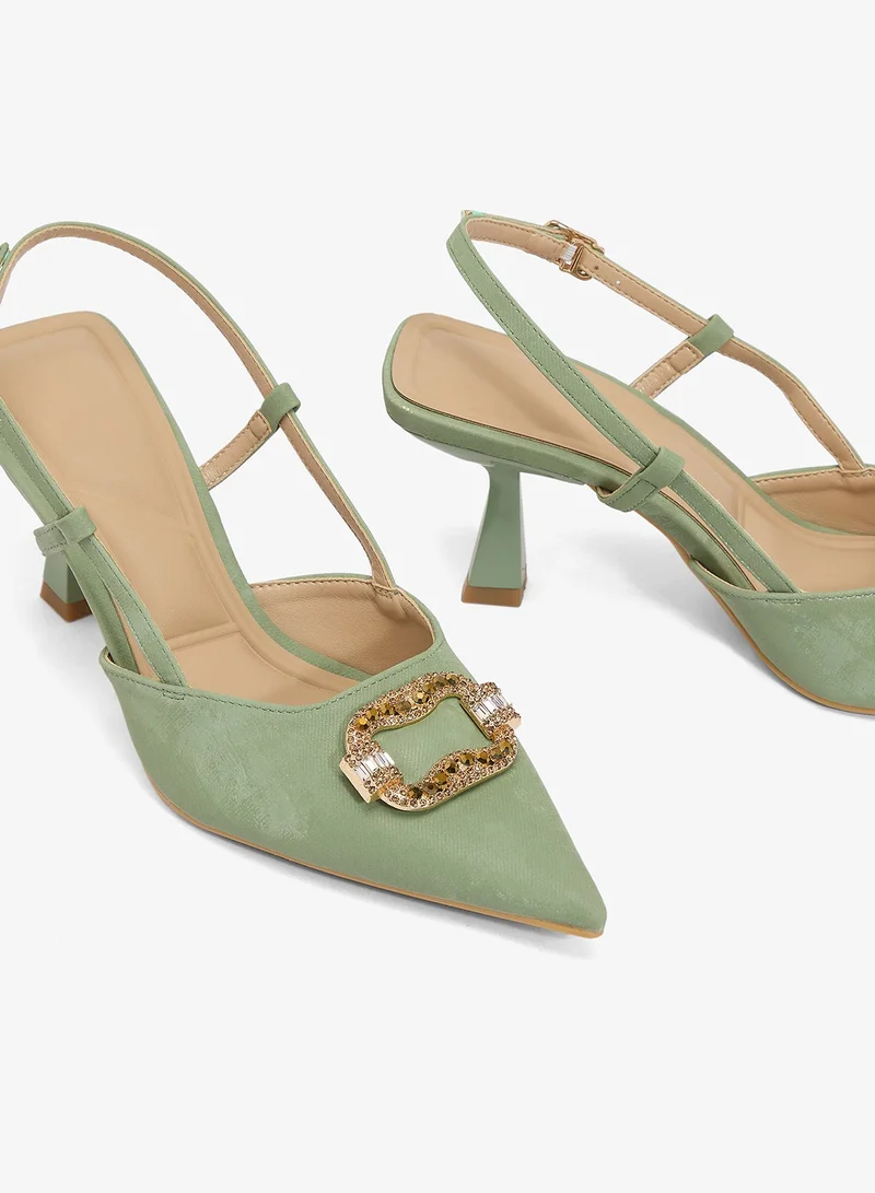 Ella Limited Edition Green Jewel Embellished Sling Back Kitten Heel Pumps for Women | Best Price UAE