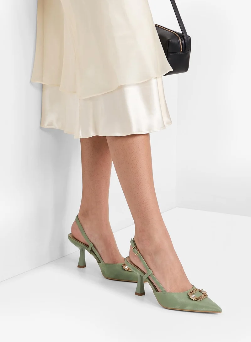 Ella Limited Edition Green Jewel Embellished Sling Back Kitten Heel Pumps for Women | Best Price UAE