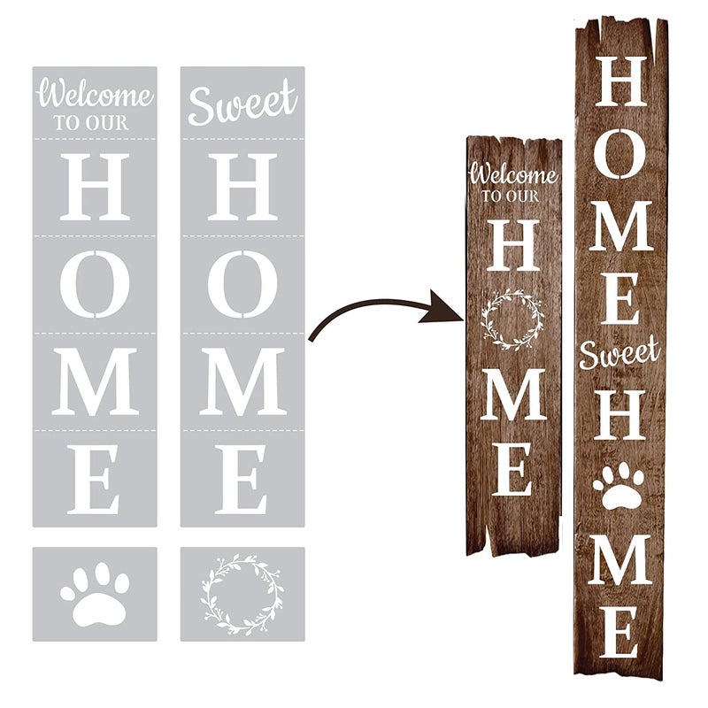 Dequera Welcome to Our Home Sweet Home Vertical Stencil for Painting On Wood Reusable Washable DYI Stencils Own DIY Projects and Gifts Large Letter Stencil Set of 4 Pieces