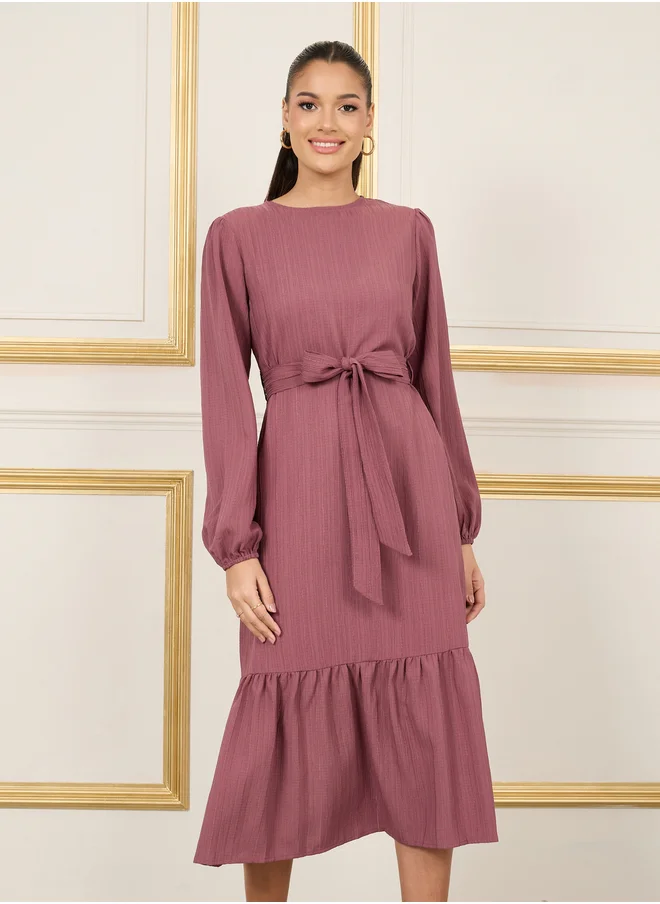Styli Styli Textured Self Tie Up A-Line Midi Dress