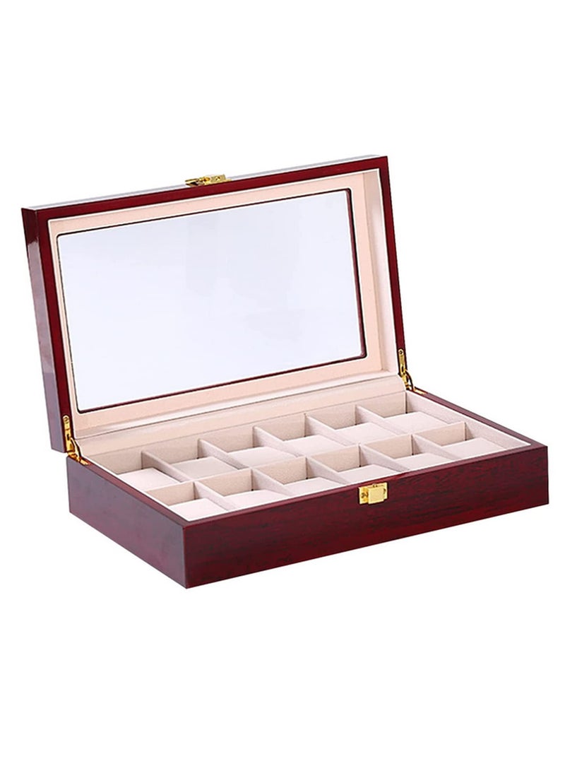 Wooden Watch Box with Glass Top 12 Grids Jewelry Organizer Watch Holder Box Storage Display Case for Watches Collection 31cm*21cm*9cm - Image 1