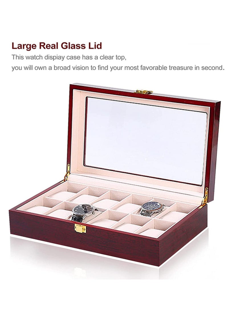 Wooden Watch Box with Glass Top 12 Grids Jewelry Organizer Watch Holder Box Storage Display Case for Watches Collection 31cm*21cm*9cm - Image 2