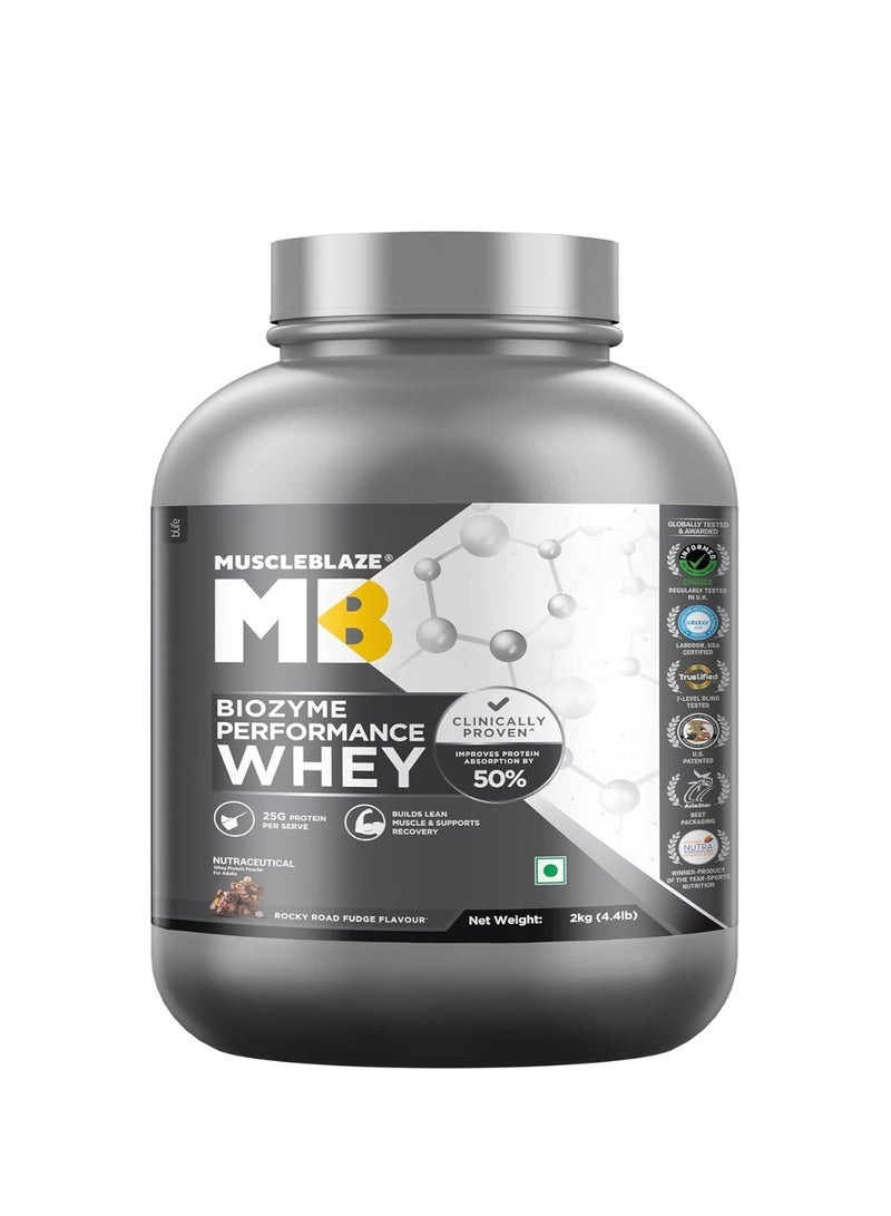 MuscleBlaze Biozyme Performance Whey Protein Powder, Rocky Road Fudge (2kg / 4.4lbs) | 25g Protein Per Scoop | Clinically Tested 50% Higher Protein Absorption - Image 1