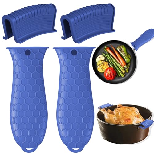 CoolShef 4 Pcs Silicone Handle Grip Set for Cast Iron Tawa and Pans, Non-Slip Heat-Resistant Holder Sleeves for Metal Frying Pan Cookware - Blue - Image 1