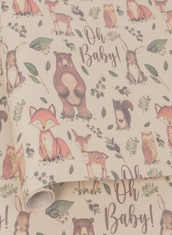 Vnaaem Baby Shower Kraft Wrapping Paper Roll for Kids Boys Girls - Cute Woodland Animals & "Oh BaBy" Baby Gift Wrap for Birthday, Holiday, Baby Shower, Summer Party Favor - 17 in x 20 ft(Total 28.5sq.ft) - Image 1