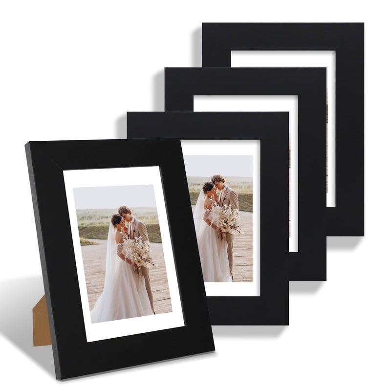 Hongkee 4x6 Picture Frame Set of 4  Made of Real Glass and Black Wooden Frame  4 by 6 Photo for Wall or Tabletop - Display Picture 3.5x5 with Mat or 4x6 Without Mat - Image 1