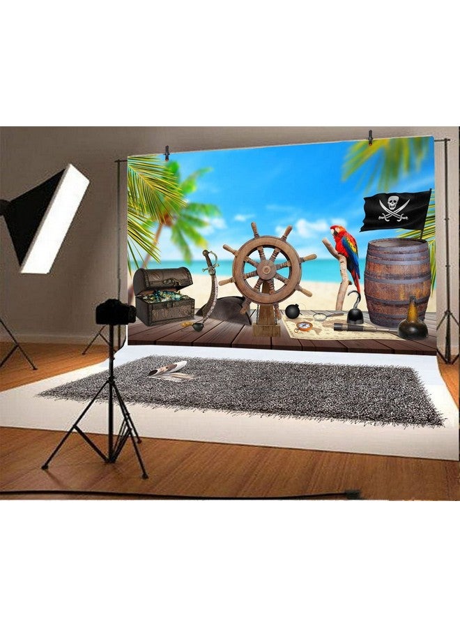 LFEEY 7X5Ft Pirate Themed Backdrop For Photography Old Wooden Rudder Wood Floor Pirate Ship Jewelry Box Barrel Seascape Photography Background Halloween Boy Birthday Party Baby Shower Photo Booth Prop - Image 4