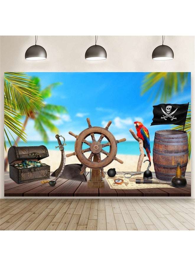 LFEEY 7X5Ft Pirate Themed Backdrop For Photography Old Wooden Rudder Wood Floor Pirate Ship Jewelry Box Barrel Seascape Photography Background Halloween Boy Birthday Party Baby Shower Photo Booth Prop - Image 3