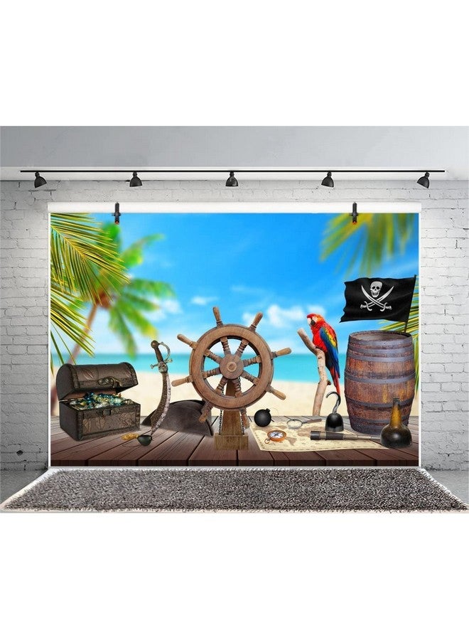 LFEEY 7X5Ft Pirate Themed Backdrop For Photography Old Wooden Rudder Wood Floor Pirate Ship Jewelry Box Barrel Seascape Photography Background Halloween Boy Birthday Party Baby Shower Photo Booth Prop - Image 5