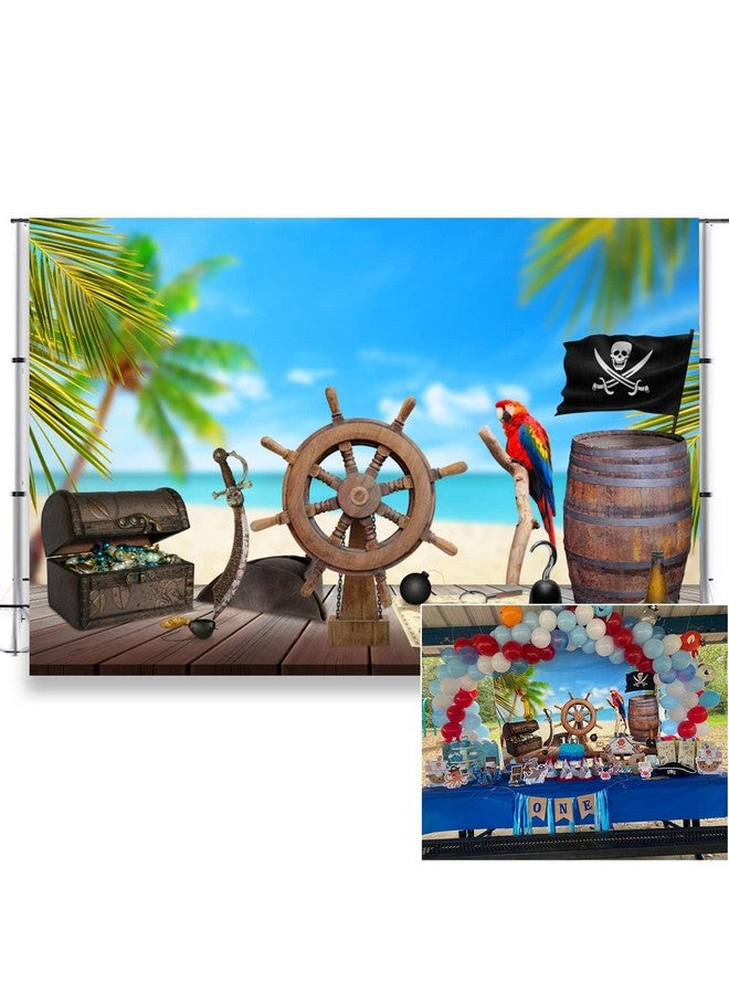 LFEEY 7X5Ft Pirate Themed Backdrop For Photography Old Wooden Rudder Wood Floor Pirate Ship Jewelry Box Barrel Seascape Photography Background Halloween Boy Birthday Party Baby Shower Photo Booth Prop - Image 2