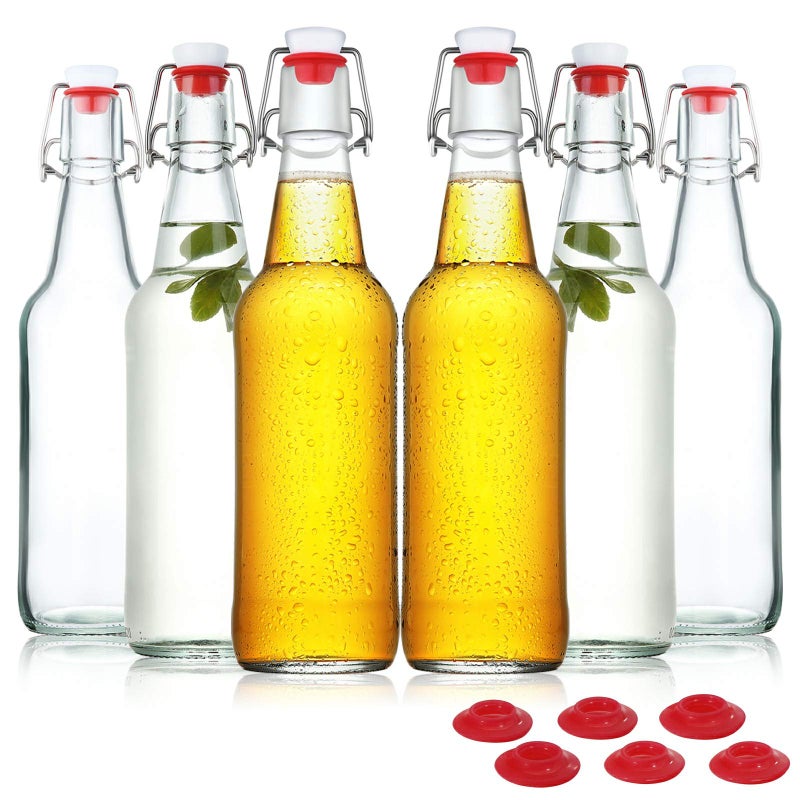 YEBODA Clear Glass Beer Bottles for Home Brewing with Easy Wire Swing Cap Airtight Silicone Seal 16 oz Case of 6