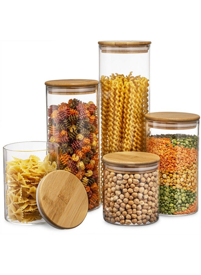 Le'raze Canister Set of 5, Glass Kitchen Canisters with Airtight Bamboo Lid, Glass Storage Jars for Kitchen, Bathroom and Pantry Organization Ideal for Flour, Sugar, Coffee, Candy, Snack and More  - Image 1