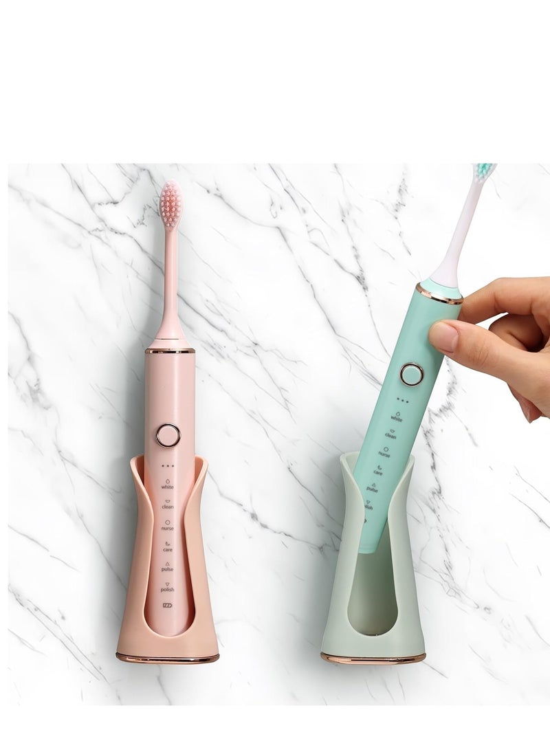 KASTWAVE 2 Pack Electric Toothbrush Holder Wall Mounted, Self-Adhesive Electric Toothbrush Holder for Bathroom Shower, Soft Silicone House Design, Pink & Green - Image 1