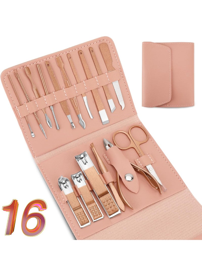 Nail and pedicure tools made of stainless steel, manicure and nail clipper set for women and men, suitable for travel and home from Ninmax, 16 pieces (pink color) - Image 1