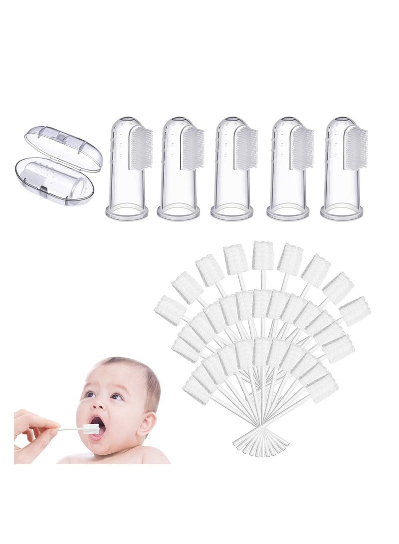 SYOSI 30Pcs Infant Toothbrush and 5Pcs Finger Toothbrush, Disposable Infant Toothbrush Clean Baby Mouth, Infant Tongue Cleaner, Safety Silicone Finger Toothbrush with Box, Baby Soft Tooth Cleaning Tool - Image 1