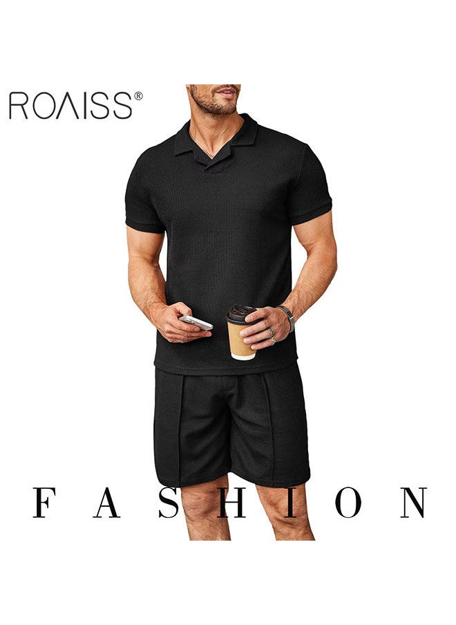 2-Piece Men'S Waffle Suit Classic Polo Neck Short Sleeve Pullover Top Drawstring Buckle Casual Shorts - pzsku/Z017E98B0C8A4D4D3E2C0Z/45/_/1694137675/1add1980-4deb-4345-83af-f8d3e8b6f7c6