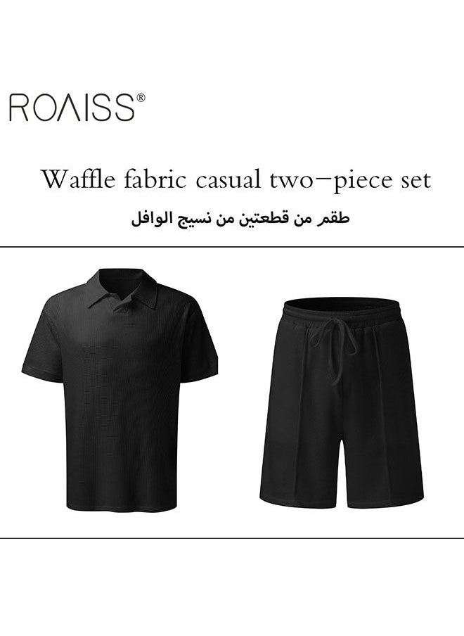 2-Piece Men'S Waffle Suit Classic Polo Neck Short Sleeve Pullover Top Drawstring Buckle Casual Shorts - pzsku/Z017E98B0C8A4D4D3E2C0Z/45/_/1694137679/45d16fbc-438e-450d-b9dd-2d1422dcaa2d