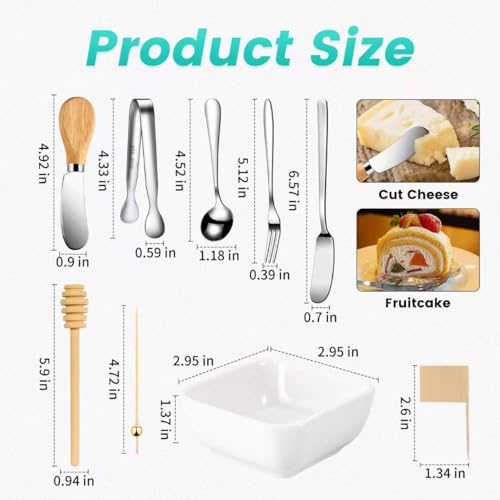 LifeMusican Charcuterie Board Accessories With 3 Oz Ceramic Dip Bowls, Wooden Handle Silver Cheese Spreader Butter Knive Set Kit, Mini Tongs, Spoons, Forks,Honey Dipper, Cocktail Picks - Image 2