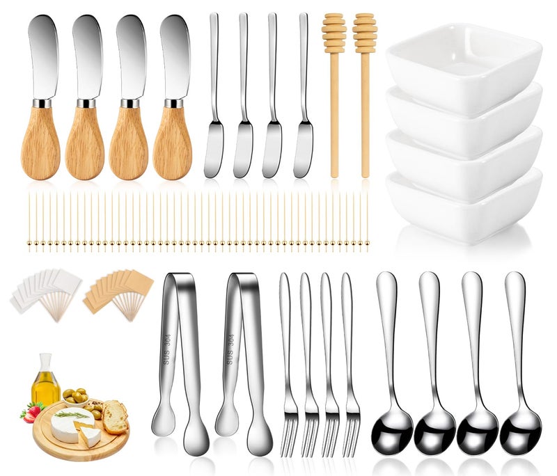 LifeMusican Charcuterie Board Accessories With 3 Oz Ceramic Dip Bowls, Wooden Handle Silver Cheese Spreader Butter Knive Set Kit, Mini Tongs, Spoons, Forks,Honey Dipper, Cocktail Picks - Image 1