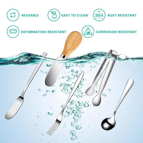 LifeMusican Charcuterie Board Accessories With 3 Oz Ceramic Dip Bowls, Wooden Handle Silver Cheese Spreader Butter Knive Set Kit, Mini Tongs, Spoons, Forks,Honey Dipper, Cocktail Picks - Image 3