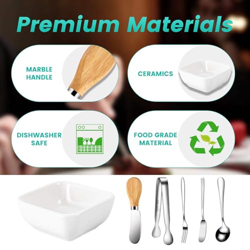 LifeMusican Charcuterie Board Accessories With 3 Oz Ceramic Dip Bowls, Wooden Handle Silver Cheese Spreader Butter Knive Set Kit, Mini Tongs, Spoons, Forks,Honey Dipper, Cocktail Picks - Image 5