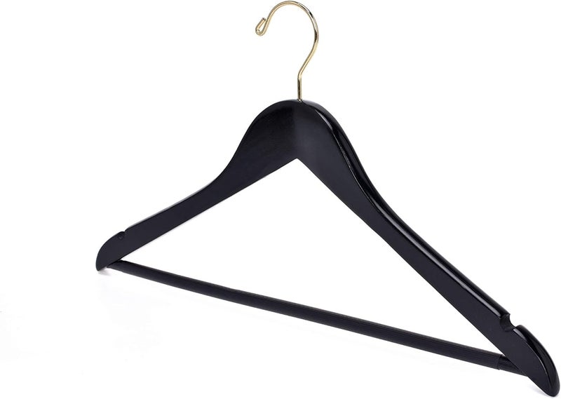Quality Hangers شماعات خشبية سوداء عالية الجودة - مجموعة منحنية قليلاً مكونة من 10 قطع - معطف خشبي صلب مع خطافات كروم أنيقة - شماعات متينة للملابس والجاكيتات والقمصان والسراويل والبدلات (أسود-خطاف ذهبي، 10) - Image 5