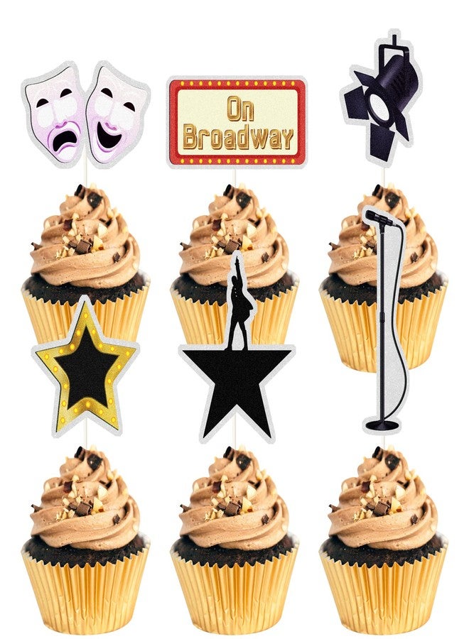 VOBRAMY On Broadway Cupcake Toppers,Happy Birthday Cake Topper,Movie Night Cupcake Toppers Decoration,Hollywood theme Cake Party Decoration.18 PCS - Image 1