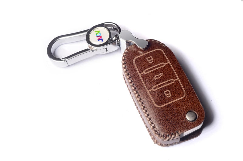 JVCV® Car Styling Soft Handmade Leather Key Cover Compatible with Volkswagen Polo Vento Jetta Ameo Passat and Skoda Rapid Laura Superb Octavia Fabia Yeti Folding Key (Brown) - Image 1