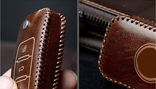 JVCV® Car Styling Soft Handmade Leather Key Cover Compatible with Volkswagen Polo Vento Jetta Ameo Passat and Skoda Rapid Laura Superb Octavia Fabia Yeti Folding Key (Brown) - Image 5