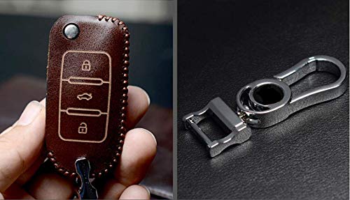 JVCV® Car Styling Soft Handmade Leather Key Cover Compatible with Volkswagen Polo Vento Jetta Ameo Passat and Skoda Rapid Laura Superb Octavia Fabia Yeti Folding Key (Brown) - Image 4