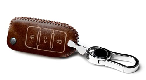 JVCV® Car Styling Soft Handmade Leather Key Cover Compatible with Volkswagen Polo Vento Jetta Ameo Passat and Skoda Rapid Laura Superb Octavia Fabia Yeti Folding Key (Brown) - Image 3