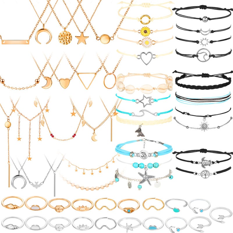 Batiyeer 60 Pcs Christmas Surfer Wave Friendship Bracelet Layered Choker Pendant Necklace Adjustable Multilayer Chain Bracelet Anklets Knuckle Rings for Women Xmas Gifts(Boho) - Image 1