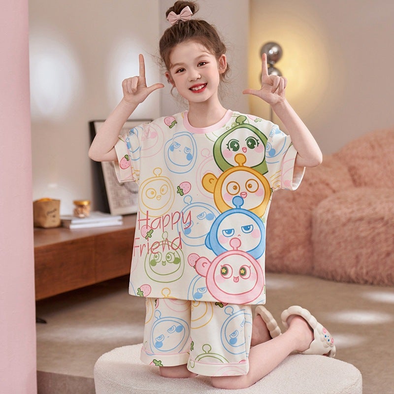 Children'S Home Clothes Girls' Short-Sleeved Pajamas Pure Cotton Summer Large And Medium-Size Children'S Cartoon Little Girl'S Baby Air-Conditioning Clothes Suit - Image 1