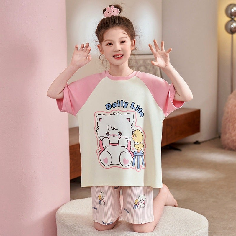 Children'S Home Clothes Girls' Short-Sleeved Pajamas Pure Cotton Summer Large And Medium-Size Children'S Cartoon Little Girl'S Baby Air-Conditioning Clothes Suit - Image 5