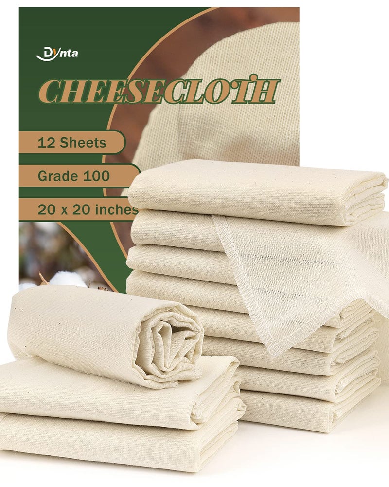 Cheesecloth for Straining Grade 100 12 Pieces Reusable Hemmed Cheesecloth 20 x 20 Inches 100 Unbleached Cotton Cheese Cloths for Straining Filtering Canning Covering Polishing and Decoration