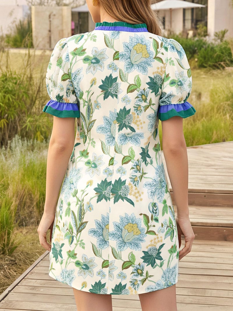 Wenrine Womens Summer Mini Dresses Casual Floral Puff Short Sleeve V Neck Button Down Ruffle Beach Sundress with Pockets Green - Image 5