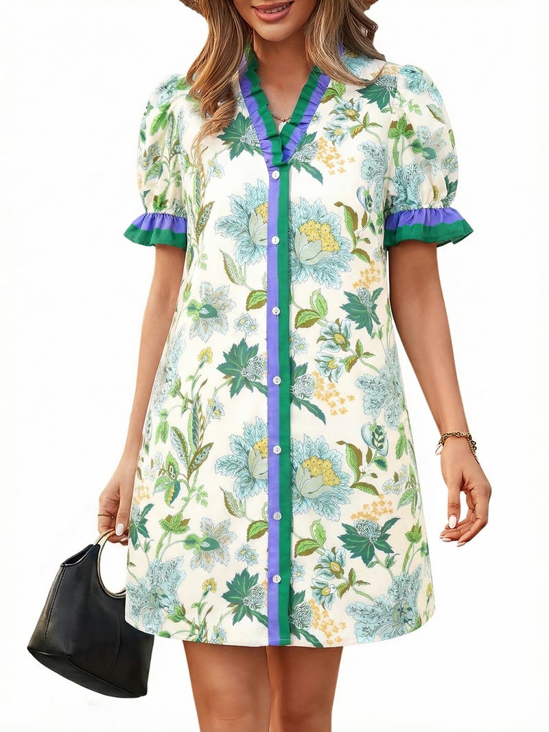Wenrine Womens Summer Mini Dresses Casual Floral Puff Short Sleeve V Neck Button Down Ruffle Beach Sundress with Pockets Green - Image 1