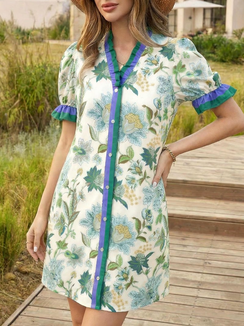 Wenrine Womens Summer Mini Dresses Casual Floral Puff Short Sleeve V Neck Button Down Ruffle Beach Sundress with Pockets Green - Image 4