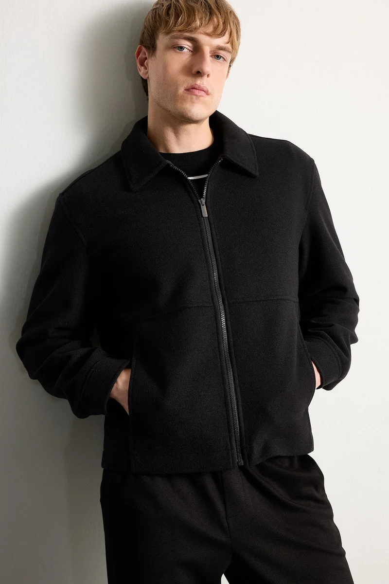 Regular Fit Lined Zip-Up Wool Blend Jacket