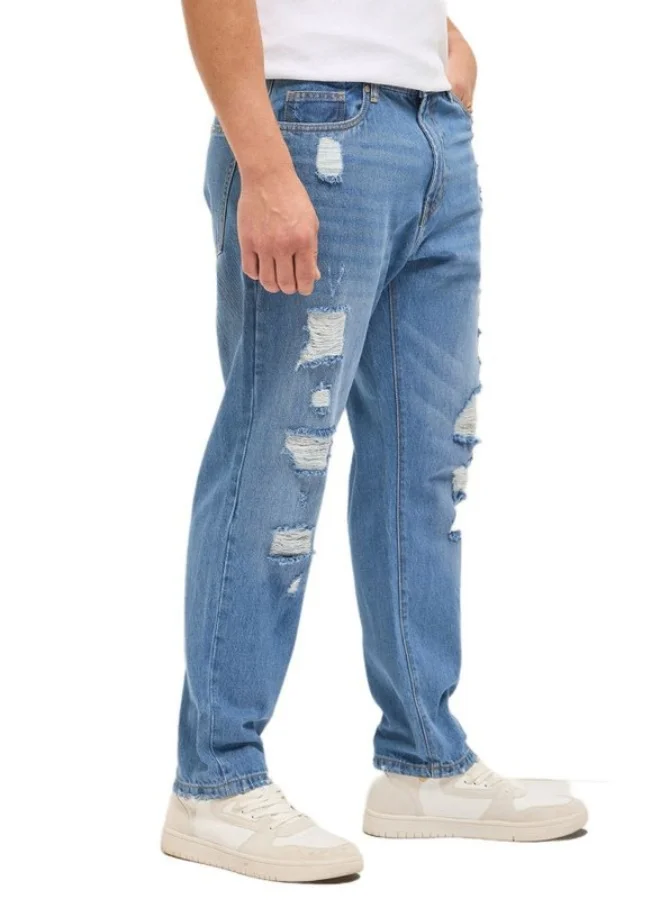 Men's Light Blue with Light Fade Distressed Mid-Rise Relaxed Fit Jeans Classic Comfort With Modern Style, Perfect For Everyday Casual Looks And Effortless Streetwear Vibes