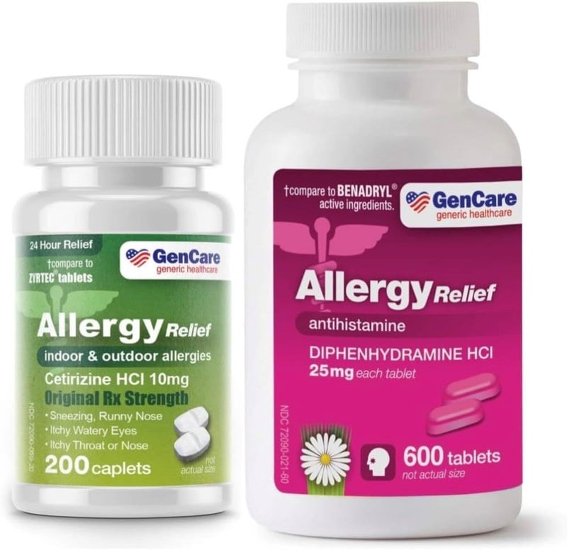 GenCare Allergy Relief Bundle Cetirizine HCL 10mg 200 Count  Diphenhydramine 25mg 600 Tablets  Comprehensive Allergy Solution - Image 1