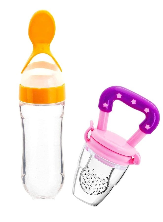 Lappu Baby Rice Paste Milk Cereal Bottle Food Feeder & Baby Fruit Nibbler (Pink-Yellow) - Image 1