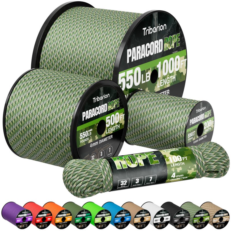 Triberion Paracord Rope 550 lb - 100ft 5/32" Parachute Cord 4MM 7-Strand para Cord - Heavy Duty Spool String for Survival,Camping Gear, Survival Bracelet, Clothesline - Camo Green - Image 1