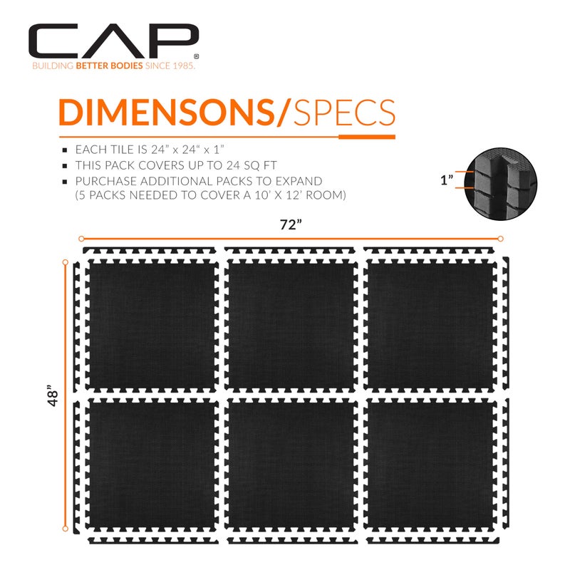 CAP Barbell 1-Inch Interlocking EVA Foam Exercise Puzzle Mat Home Gym Flooring - 1 Pack | 24" x 24" x 1" | T Pattern - Black - Image 4